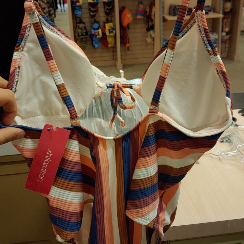 Xhilaration Multi Stripe Medium Juniors' Ribbed Tie-Front One Piece Swimsuit - Picture 7 of 8